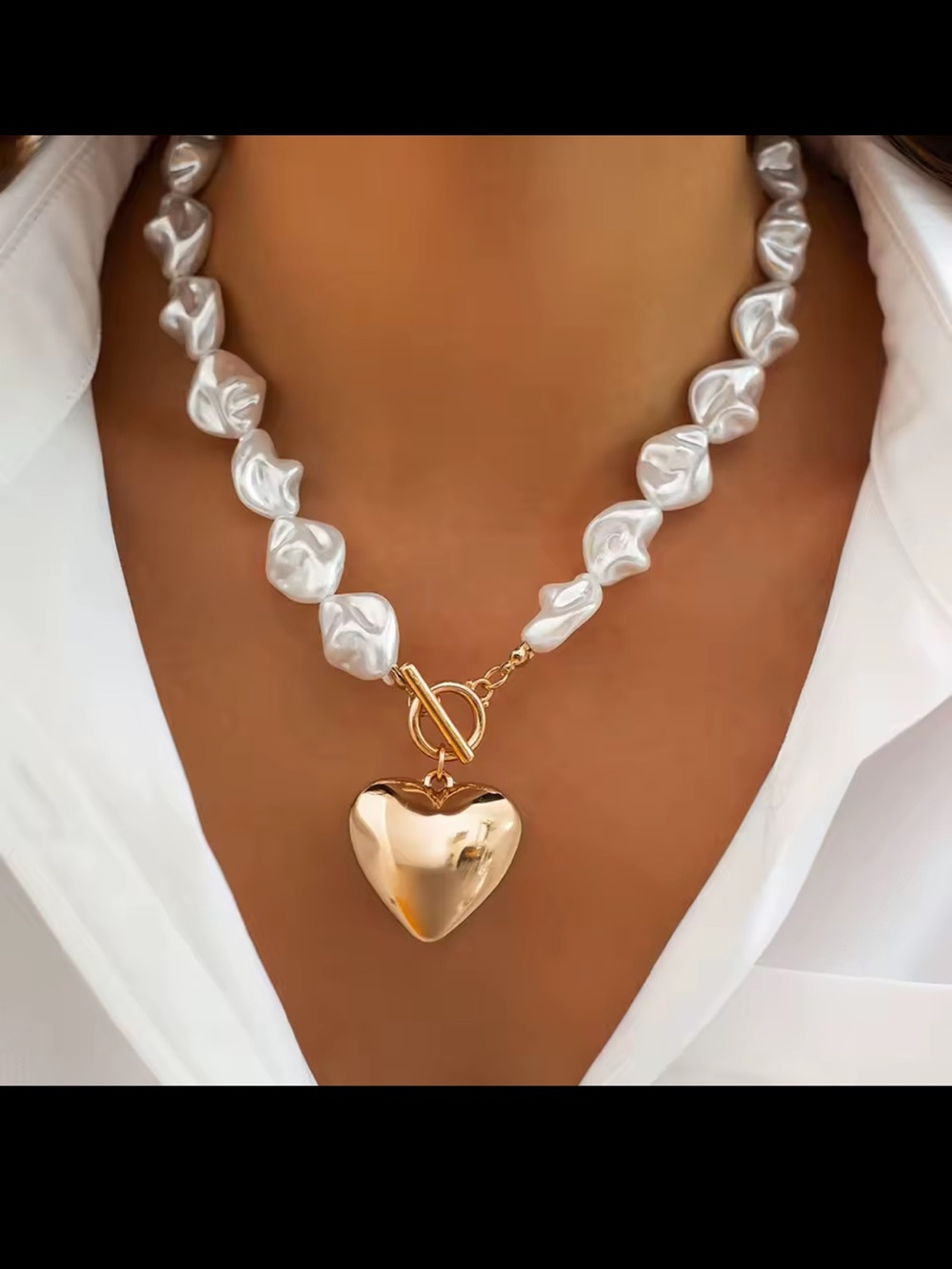Pearl-Style Beaded Necklace with Gold Heart Charm